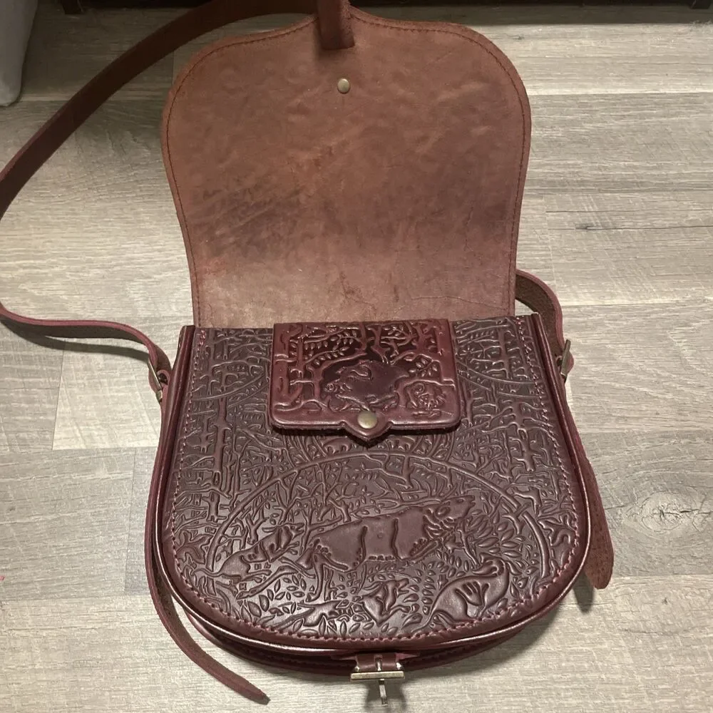 Handmade Tooled Leather Crossbody Bag Brown Embossed Saddle Bag Western Boho